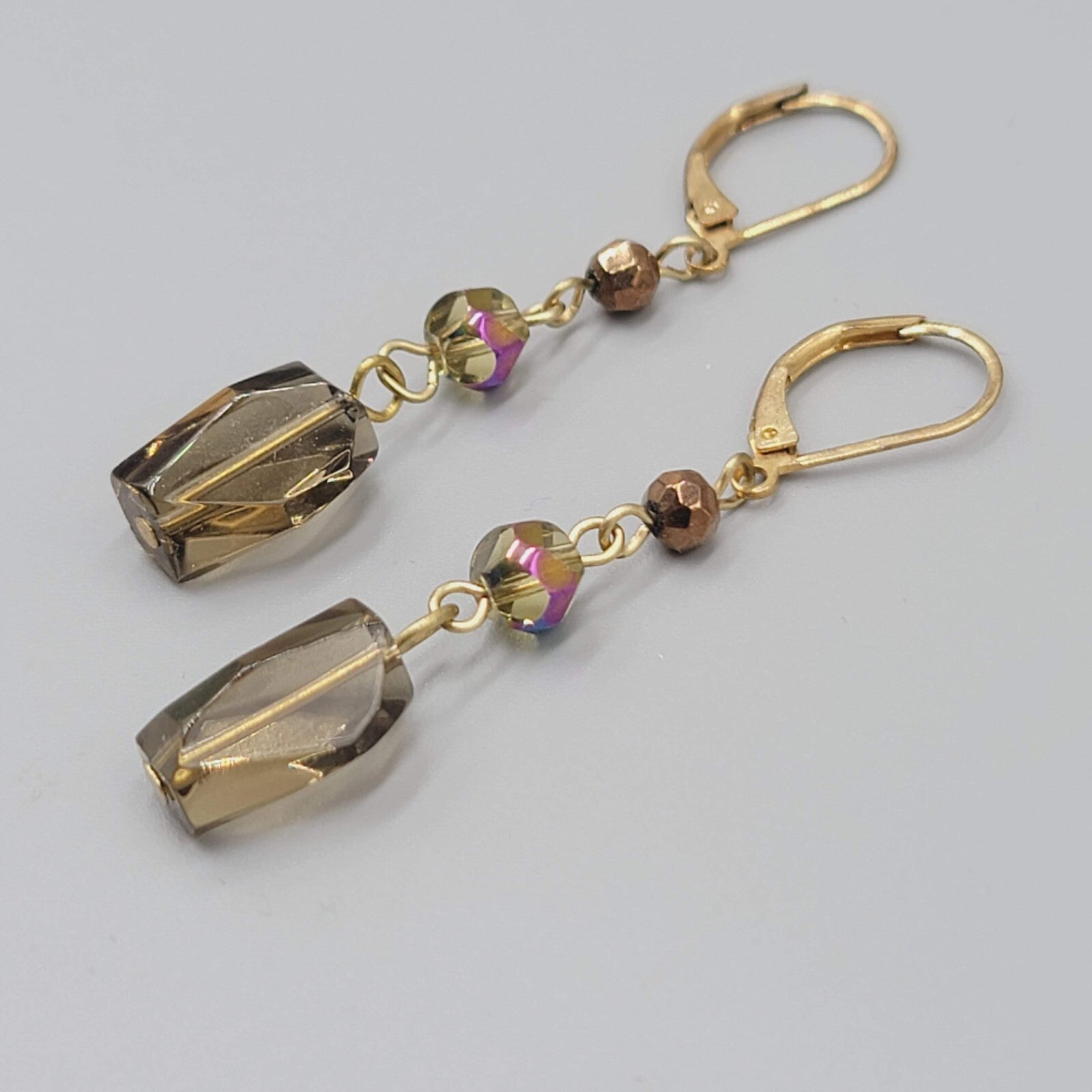 Glass AB Bead Pierced Earrings Gold tone Aurora Borealis Dangle 1.5"