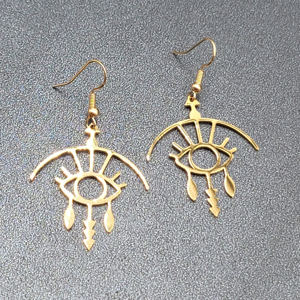 Evil Eye Pierced Earrings Crying Art Gold Plated Statement Dangle New 1.5"