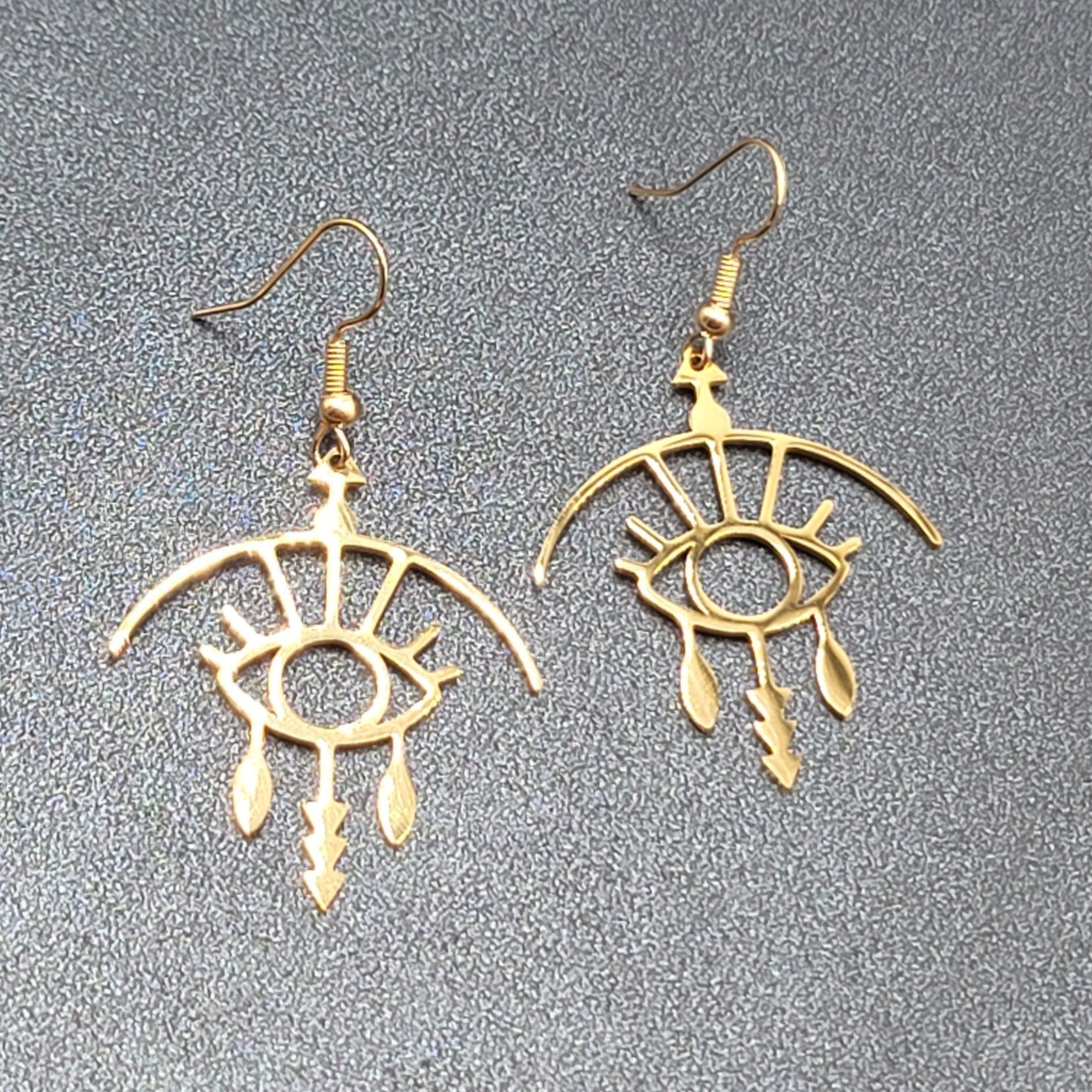 Evil Eye Pierced Earrings Crying Art Gold Plated Statement Dangle New 1.5"