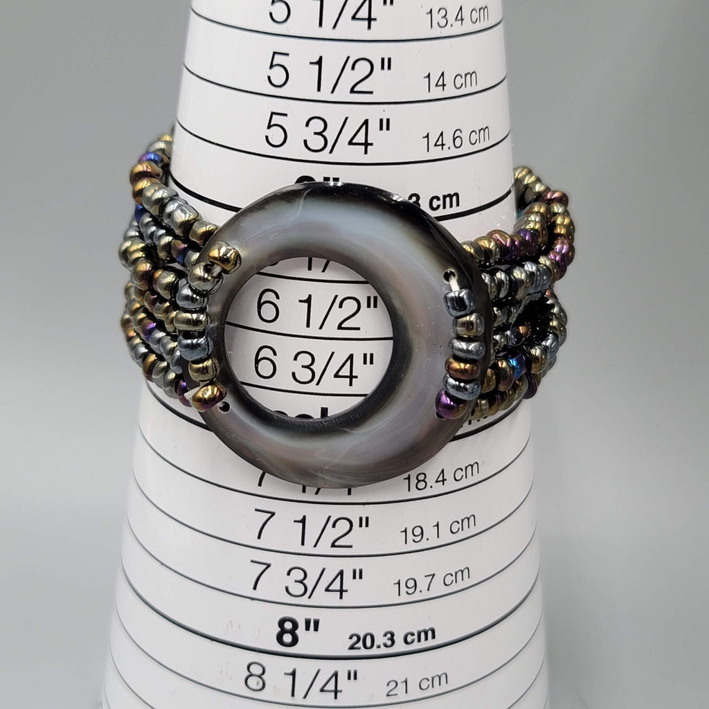 Multi Strand Glass Seed Bead Bracelet with Abalone Shell Ring Accent 6.75 in