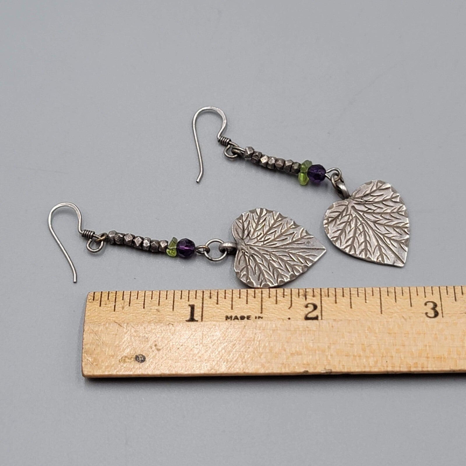 Vintage Pierced Earrings Silver tone Engraved Leaf Bead Dangle 1.75"
