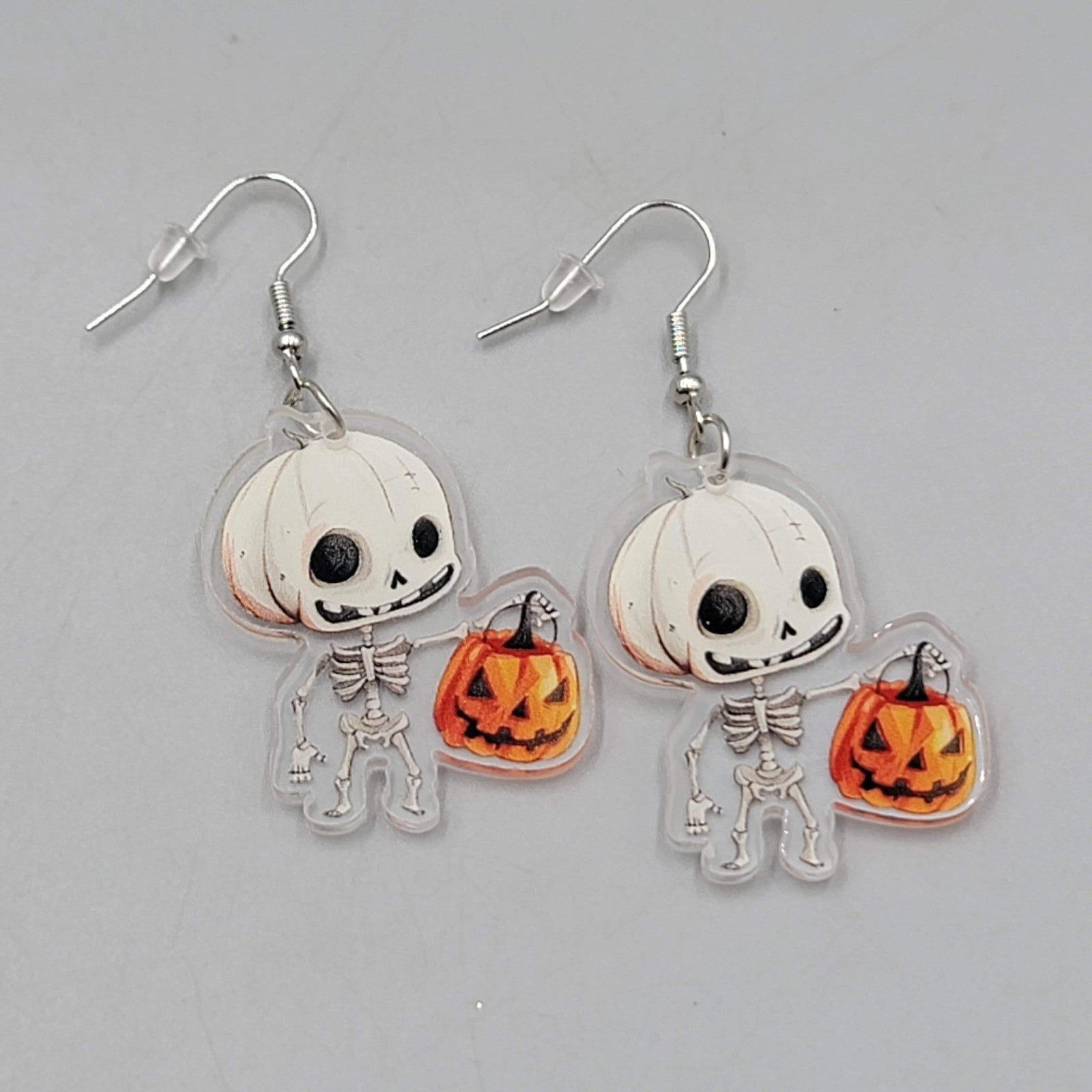 Halloween Trick or Treat Skeleton Pierced Earrings Silver tone Dangle 1.5 in