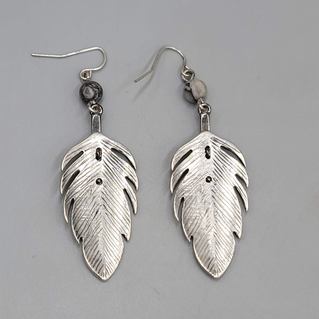 Silver tone Feather Dangle Pierced Earrings Gray Bead Crystal 2.25"