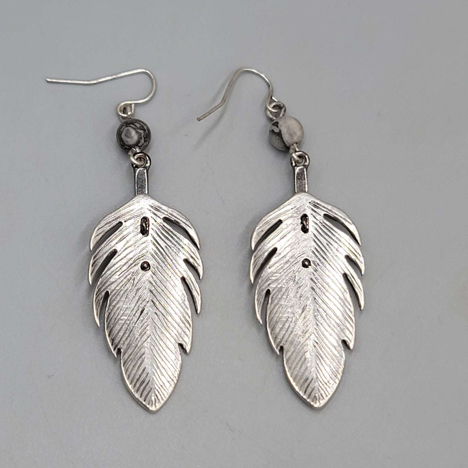 Silver tone Feather Dangle Pierced Earrings Gray Bead Crystal 2.25"