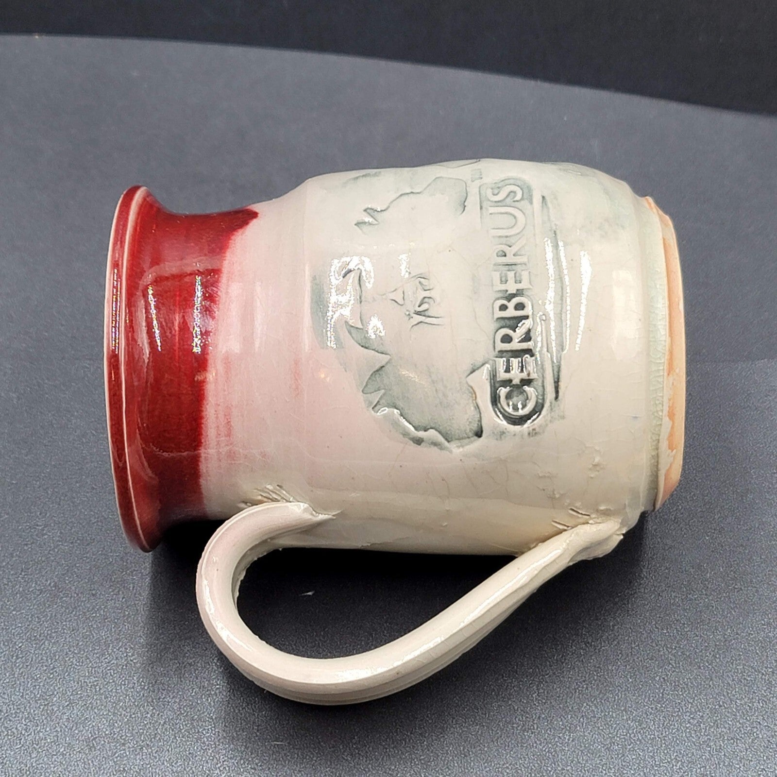 Cerberus Dog Handmade Pottery Coffee Mug Mythical Beast Red Gray Blue