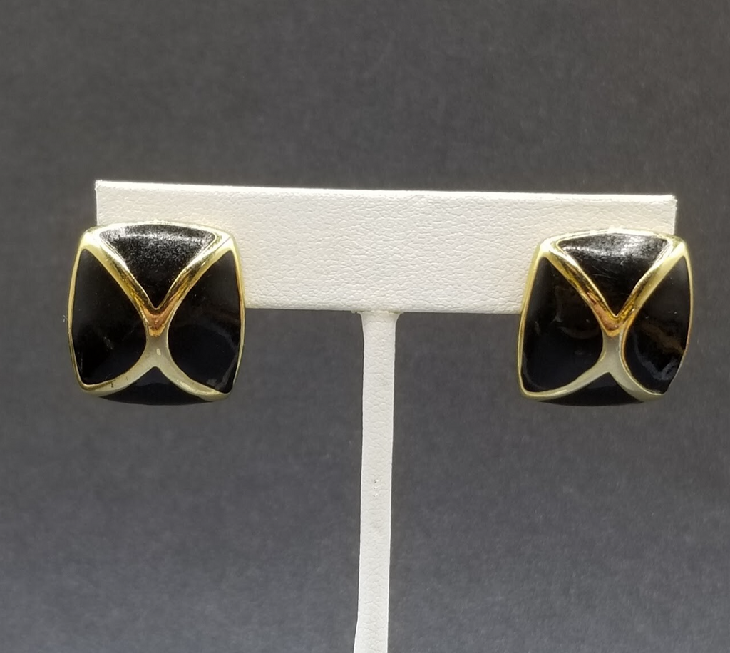 Vintage Clip on Earrings Gold tone Black Enamel Geometric Drop Stud 1"