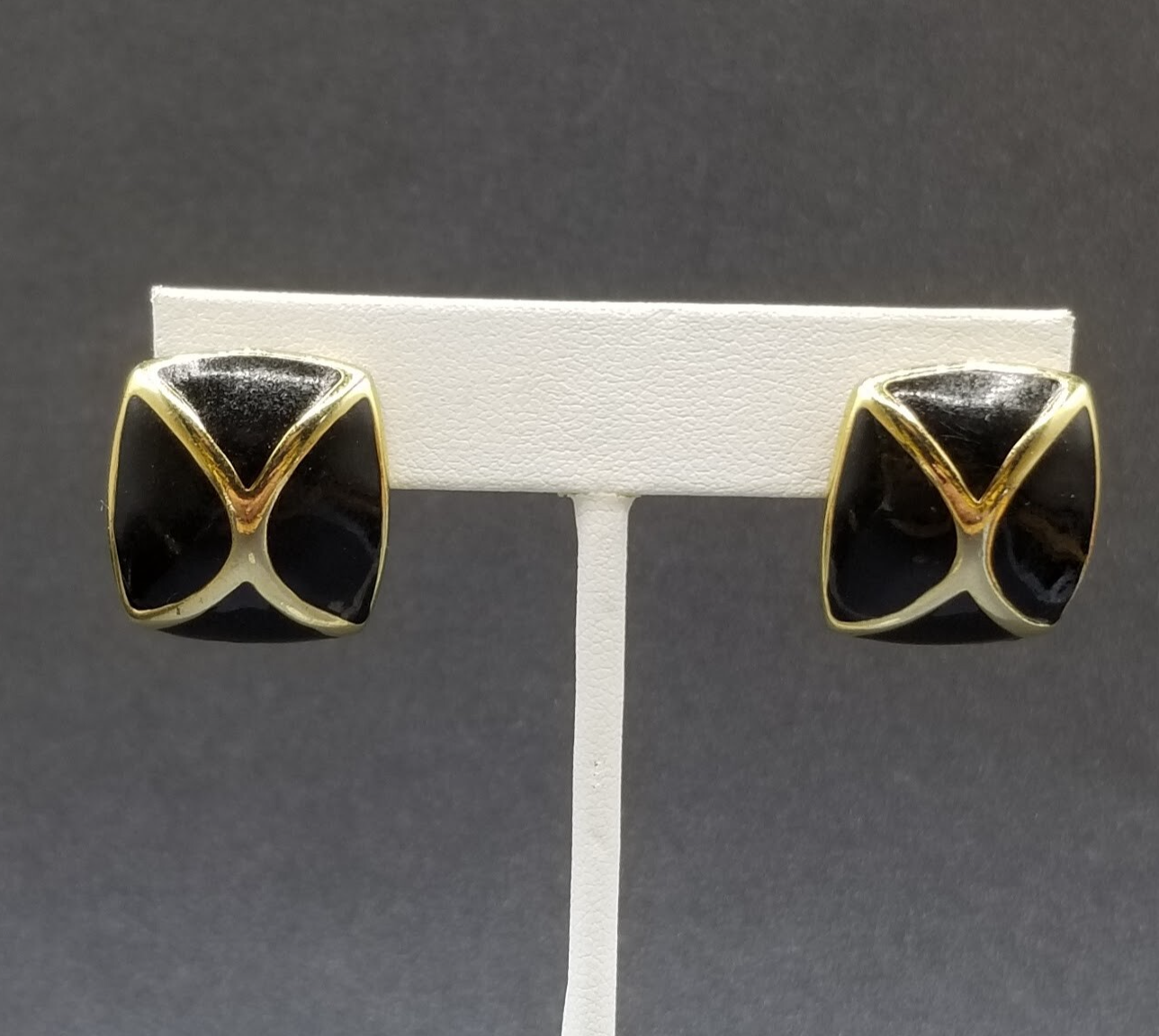 Vintage Clip on Earrings Gold tone Black Enamel Geometric Drop Stud 1"