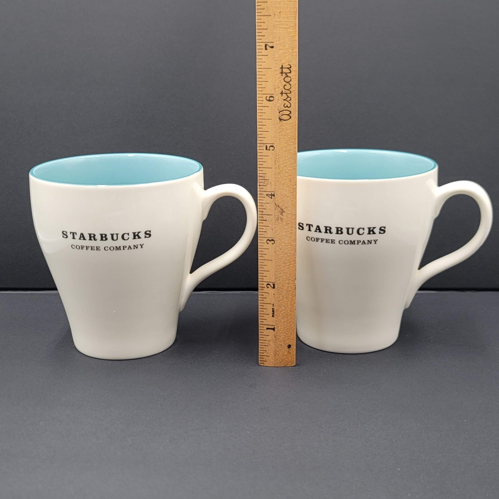 Starbucks 2007 Coffee Mug Lot of 2 Set White Sky Blue Interior 13 fl oz