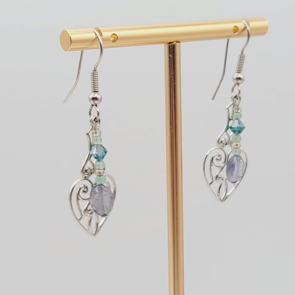 Lavalier Pierced Earrings Purple Blue Beads Silver tone Dangle 1.25 in