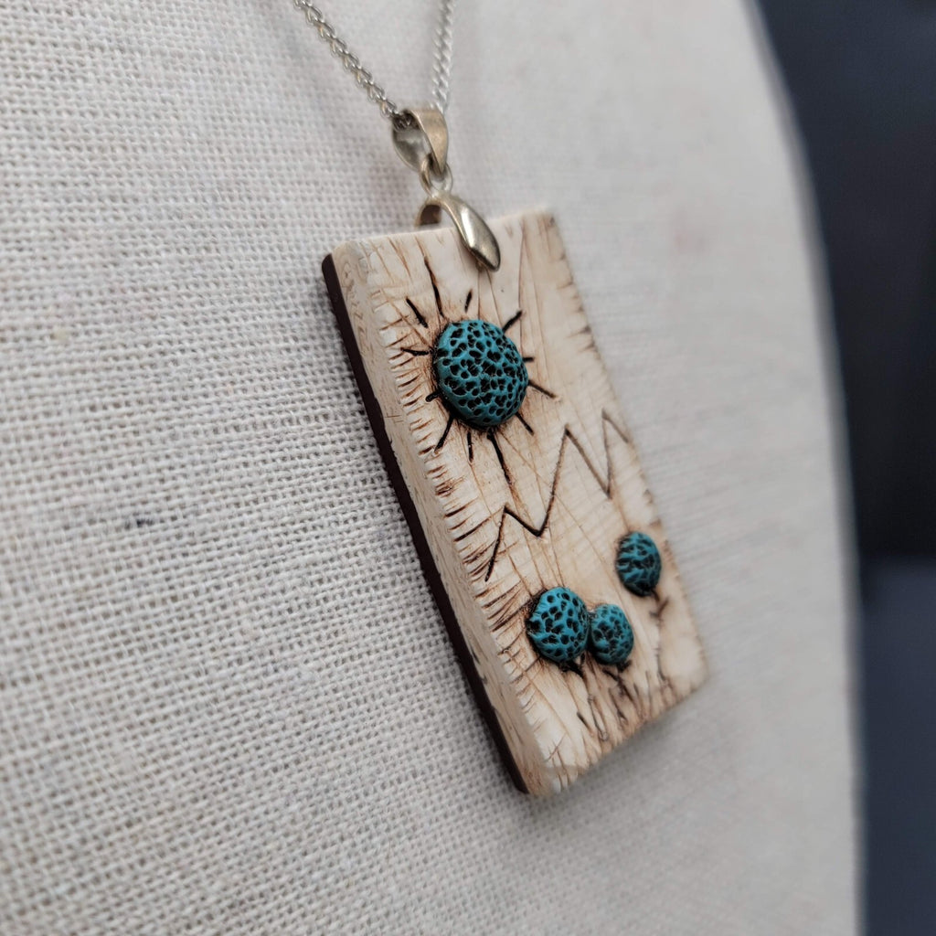 Artisan Hand Made Wood Burning Pendant Necklace Flowers Mountains Silver tone 18