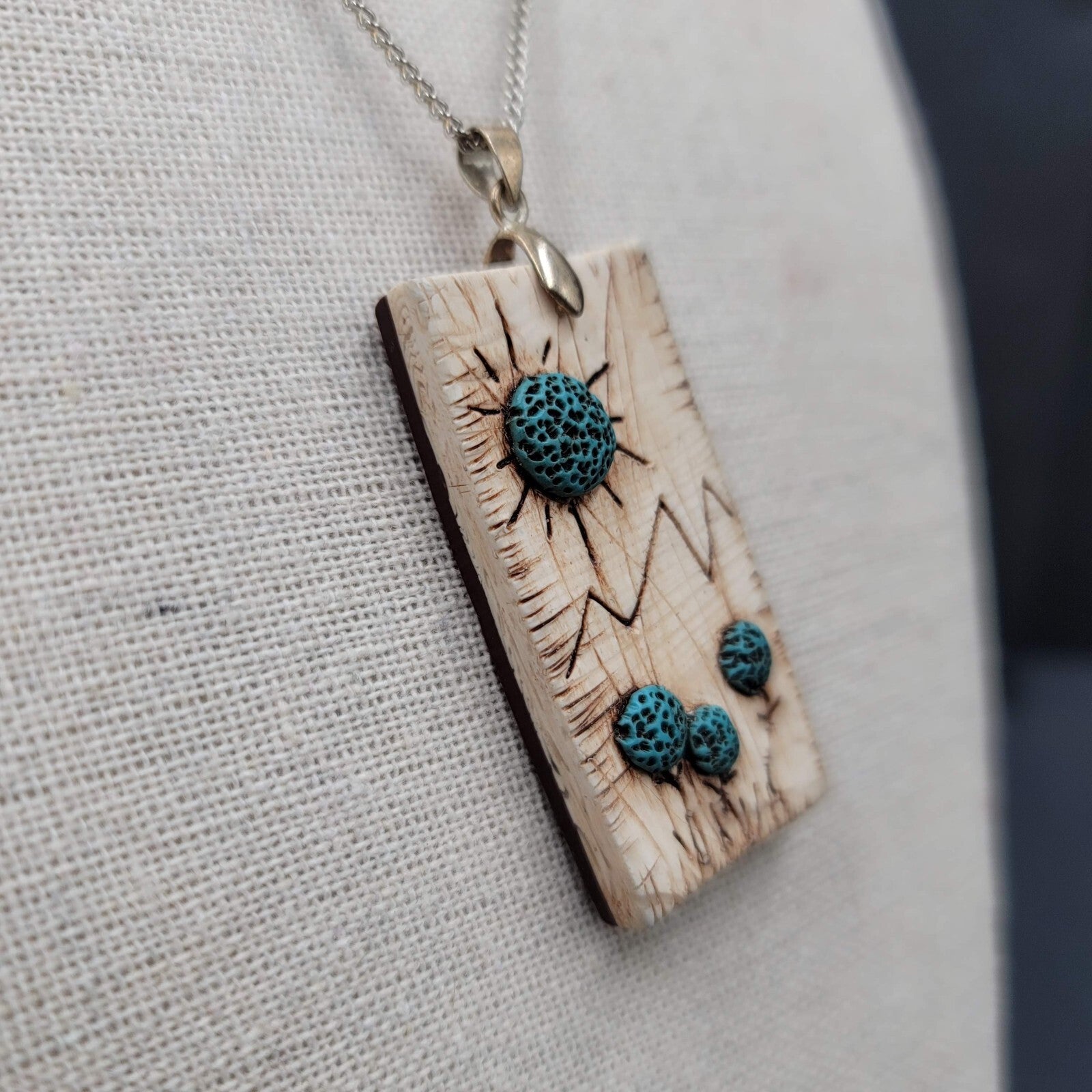 Artisan Hand Made Wood Burning Pendant Necklace Flowers Mountains Silver tone 18