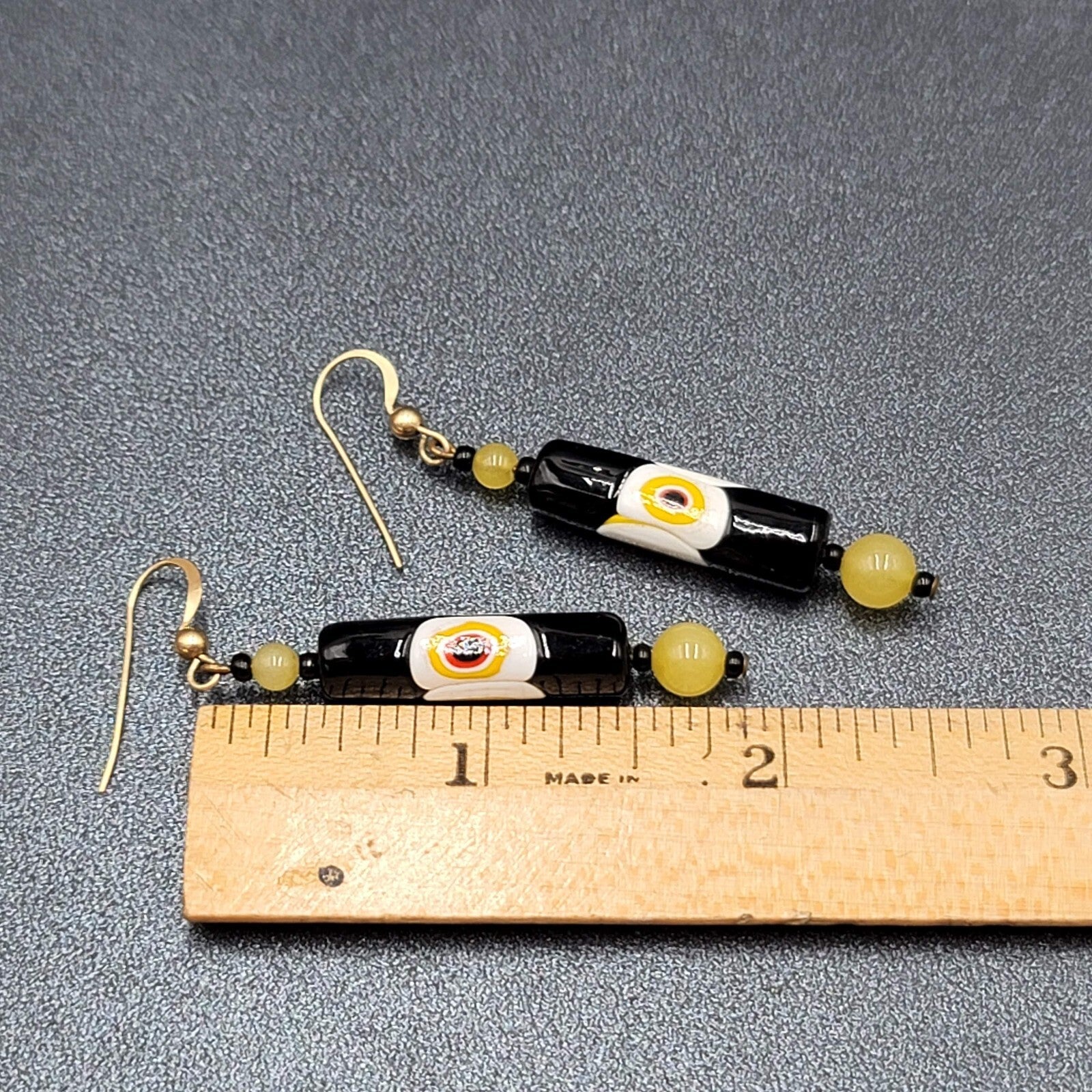 Pierced Earrings Gold tone Black Yellow White Art Glass Barrel Bead 1 7/8"