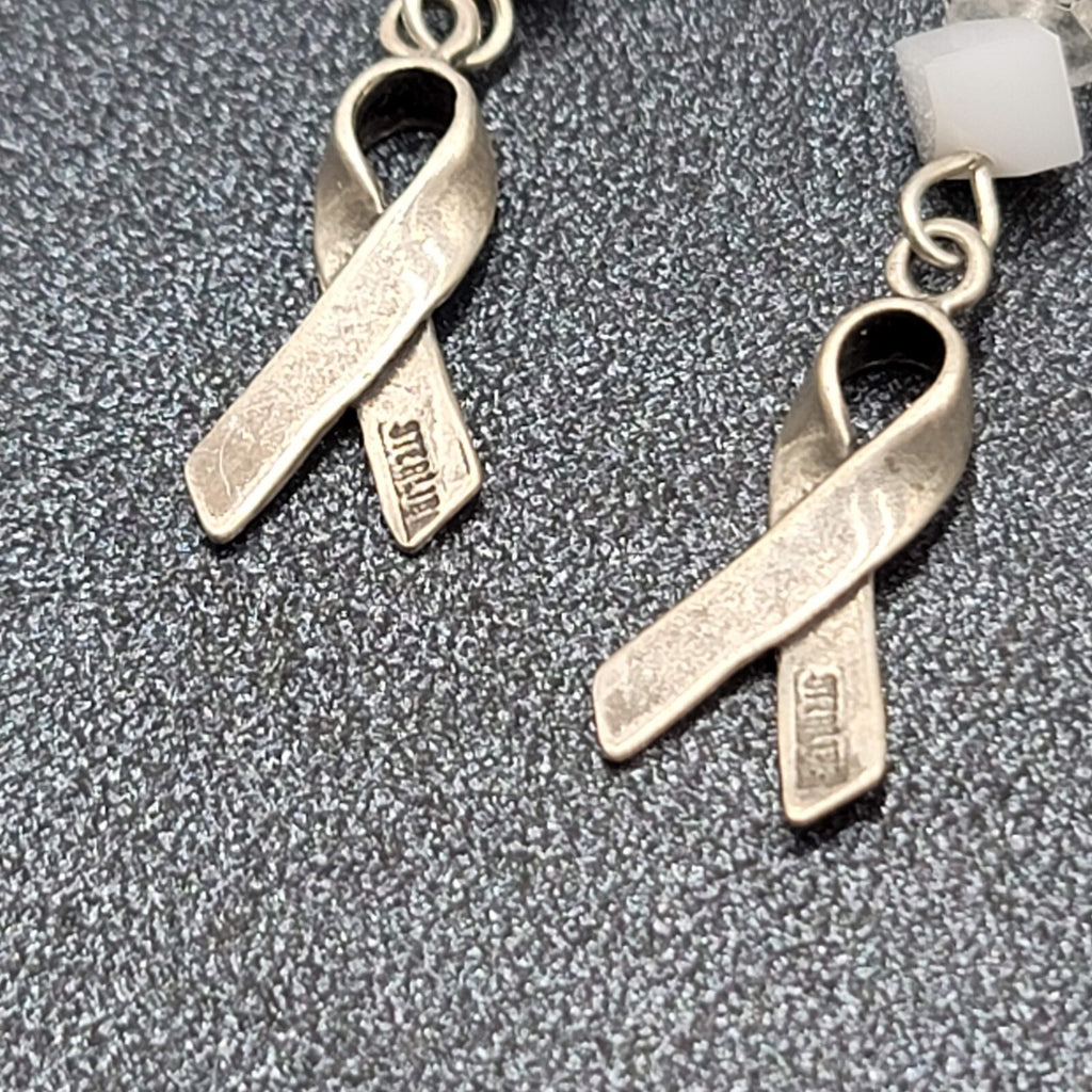 Sterling Silver Pierced Earrings 925 Beaded Awareness Ribbon 1.75" 