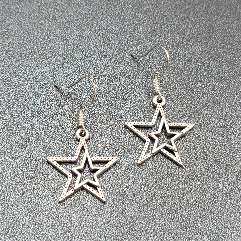 Pierced Earrings Silver tone Dangle Double Open Star 7/8"