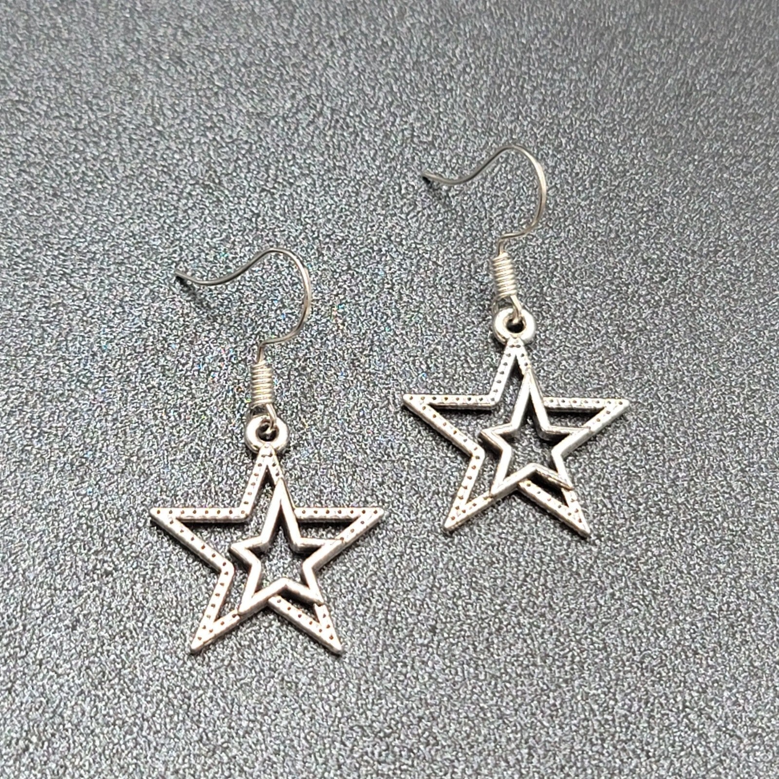 Pierced Earrings Silver tone Dangle Double Open Star 7/8"