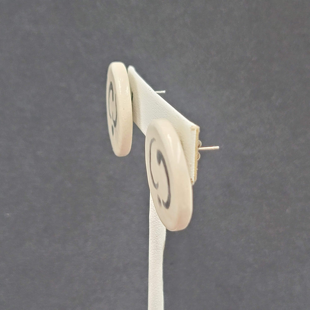 Vintage Pierced Earrings White Clay Hand Painted Black Accent Drop 1"
