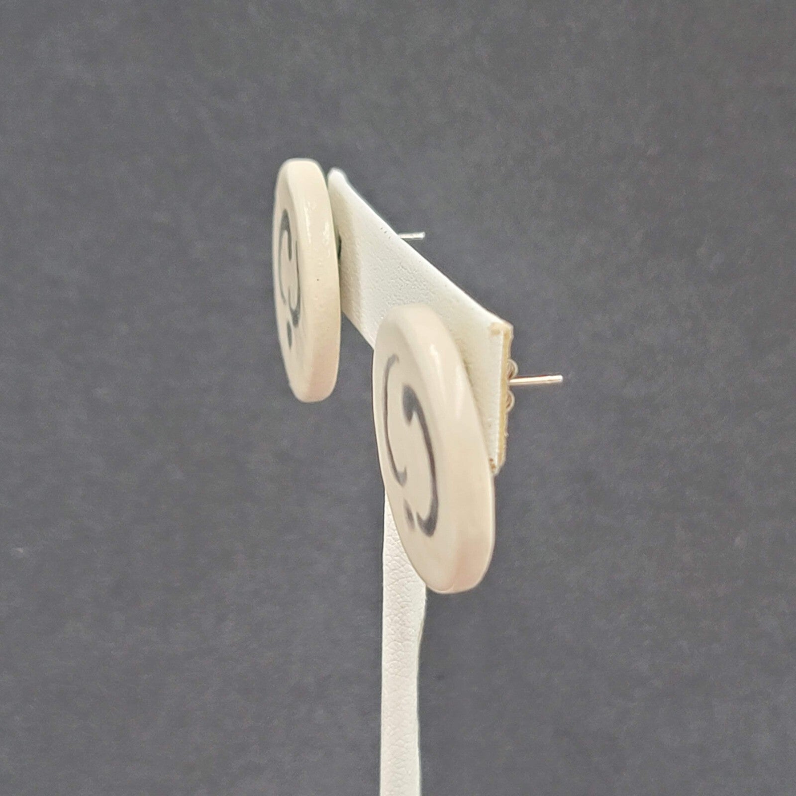 Vintage Pierced Earrings White Clay Hand Painted Black Accent Drop 1"