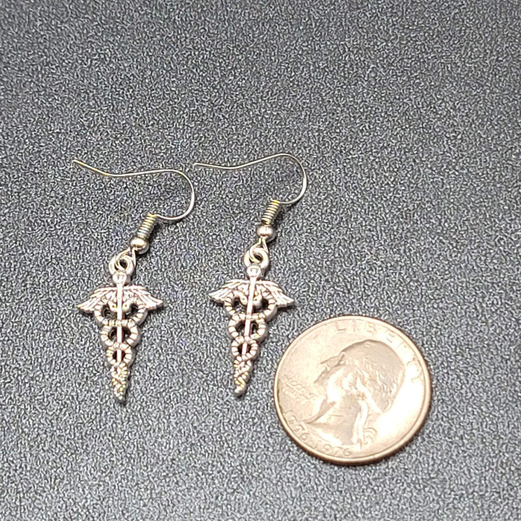  Caduceus Pierced Earrings Silver tone Medical Dangle 1"