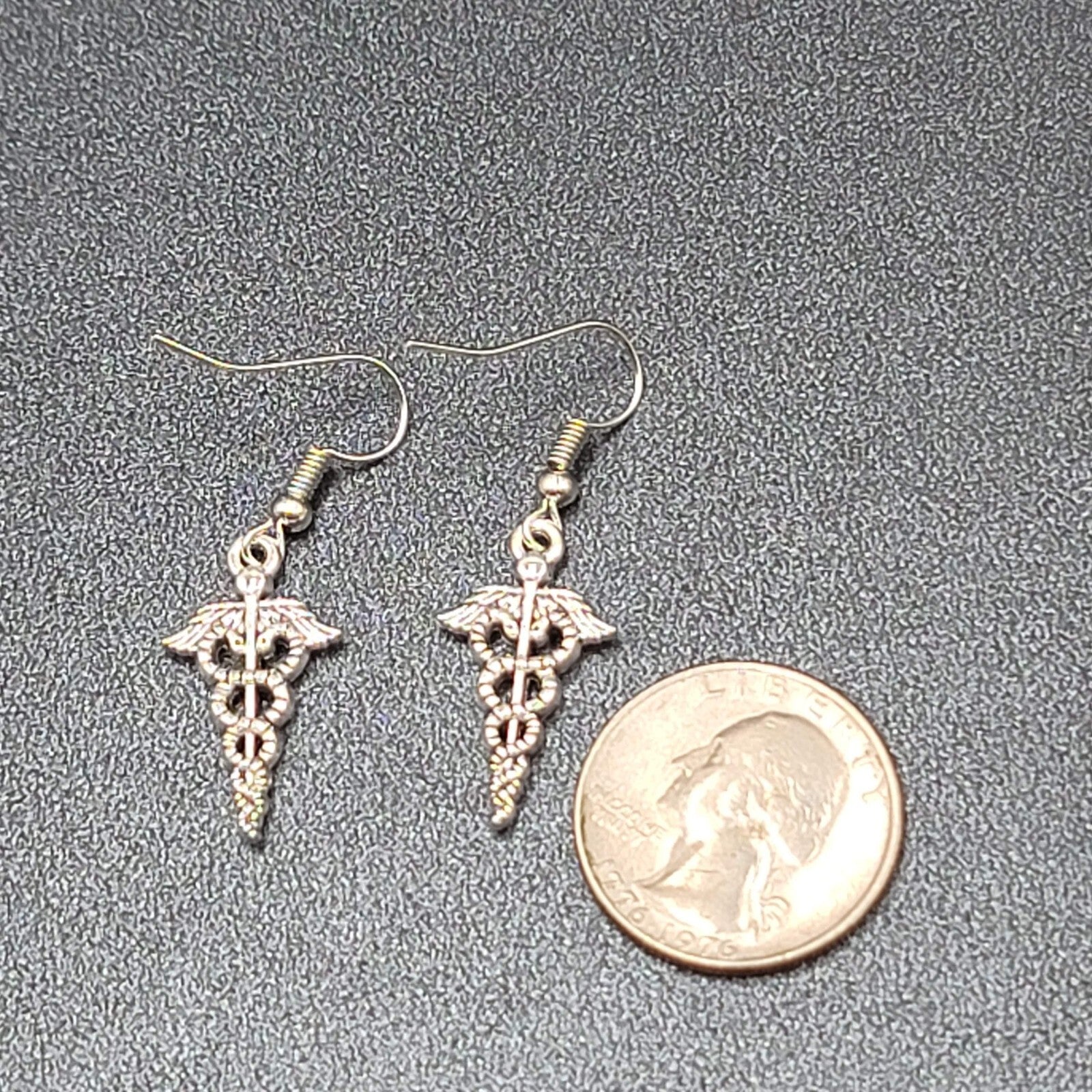  Caduceus Pierced Earrings Silver tone Medical Dangle 1"