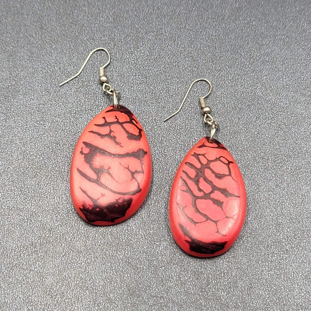 Pierced Earrings Red Dyed Tagua Nut Dangle Silver tone 1.75"