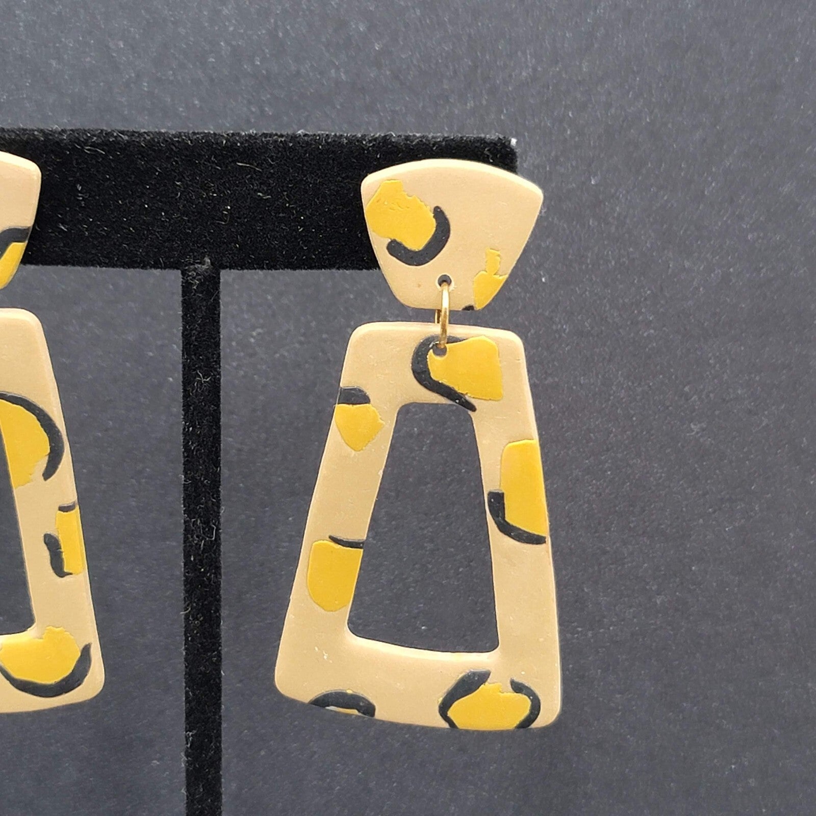 Pierced Earrings Beige Polymer Clay Yellow Black Statement Dangle 2 3/8"
