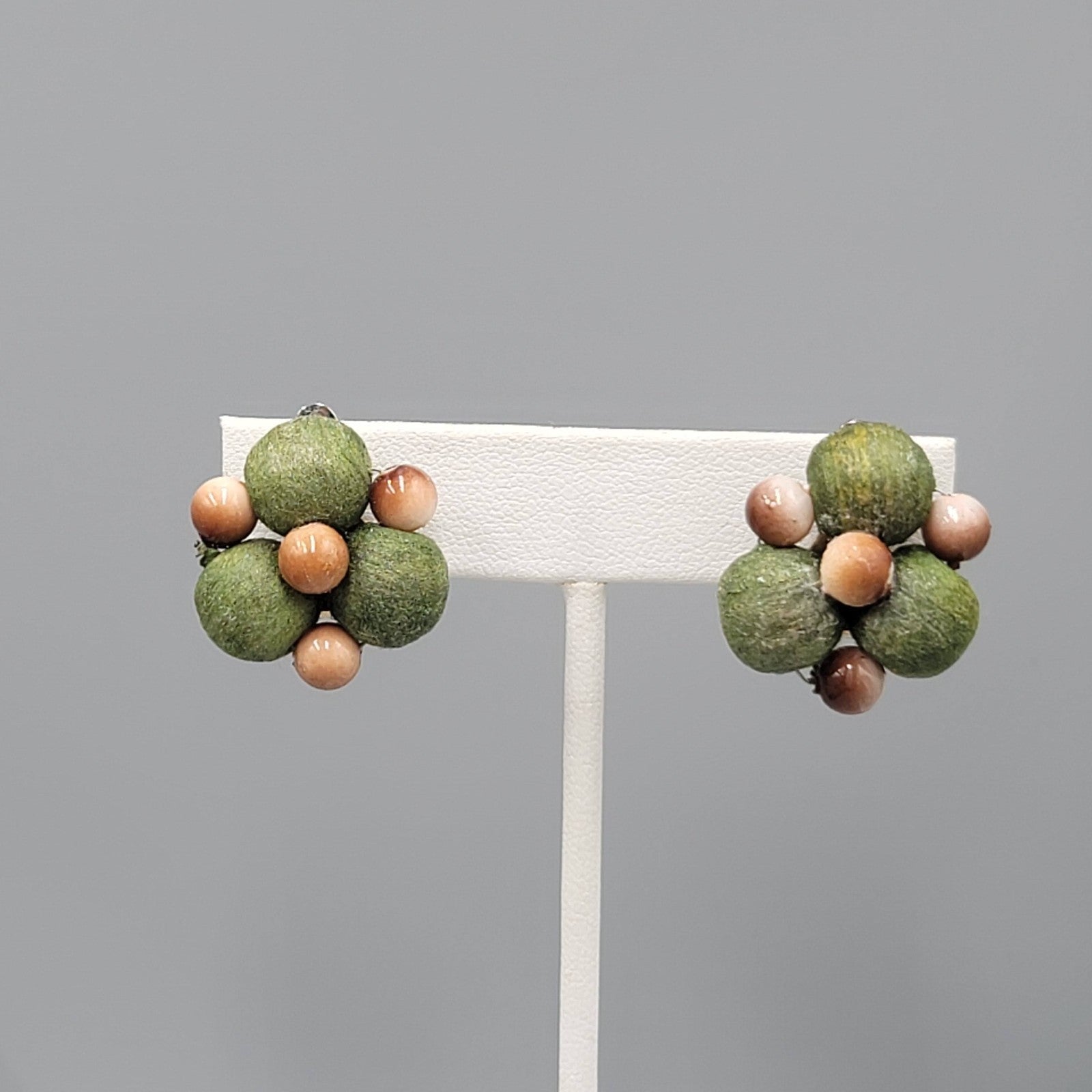 VintageWrapped Green Bead Clip on Earrings Brown Bead 1 in