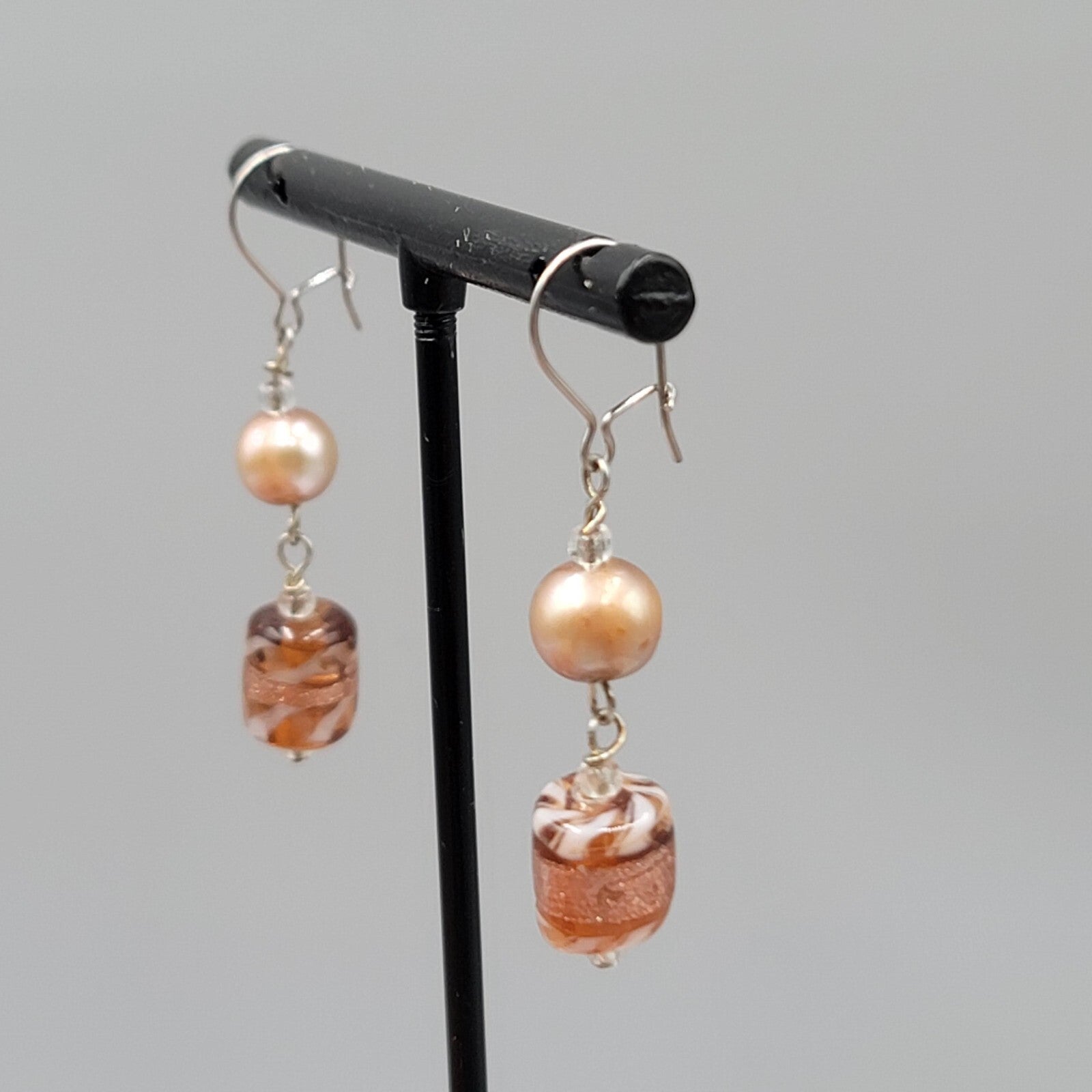Art Glass Bead Pierced Earrings Silver tone Dangle 1.25"