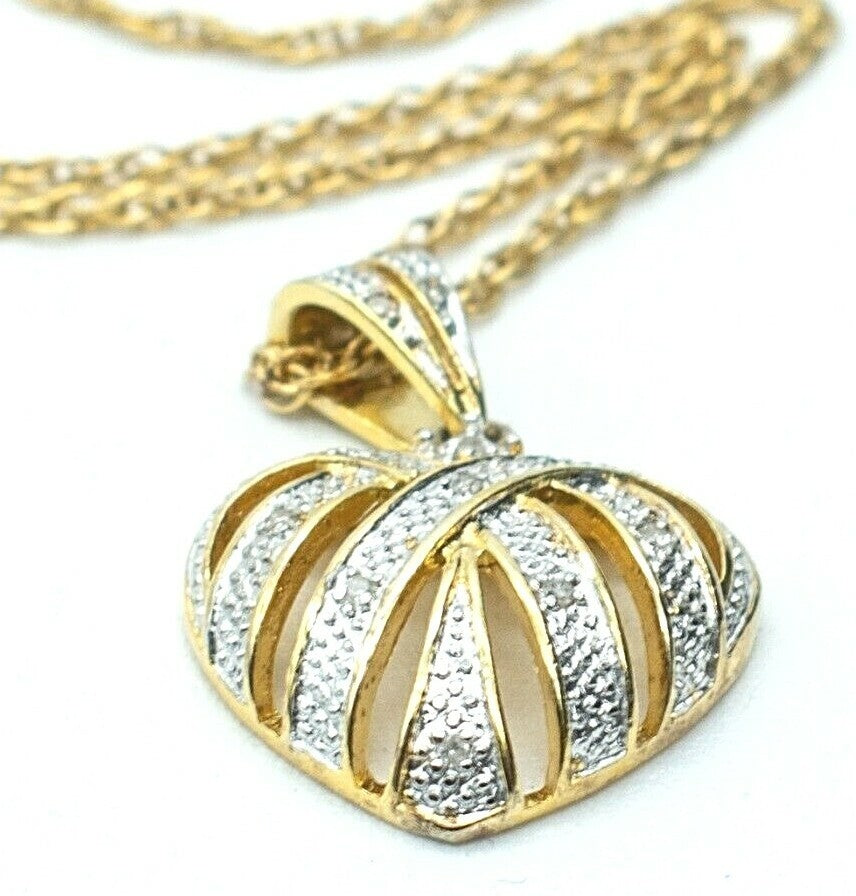 Gold Plated Sterling Silver Heart Pendant Diamond Chips Necklace Valentines 18"