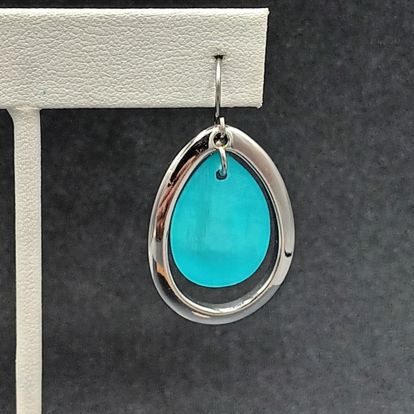 Pierced Earrings Silver tone Blue Teardrop Shell Dangle 1.25"
