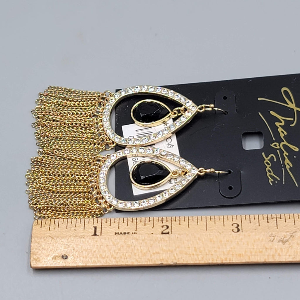 Thalia Sodi Fringe Pierced Earrings Black Teardrop Gold tone Dangle NWT 2.5"