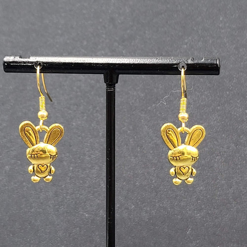 Bunny Pierced Earrings Heart Shirt Dangle Gold tone 3/4"
