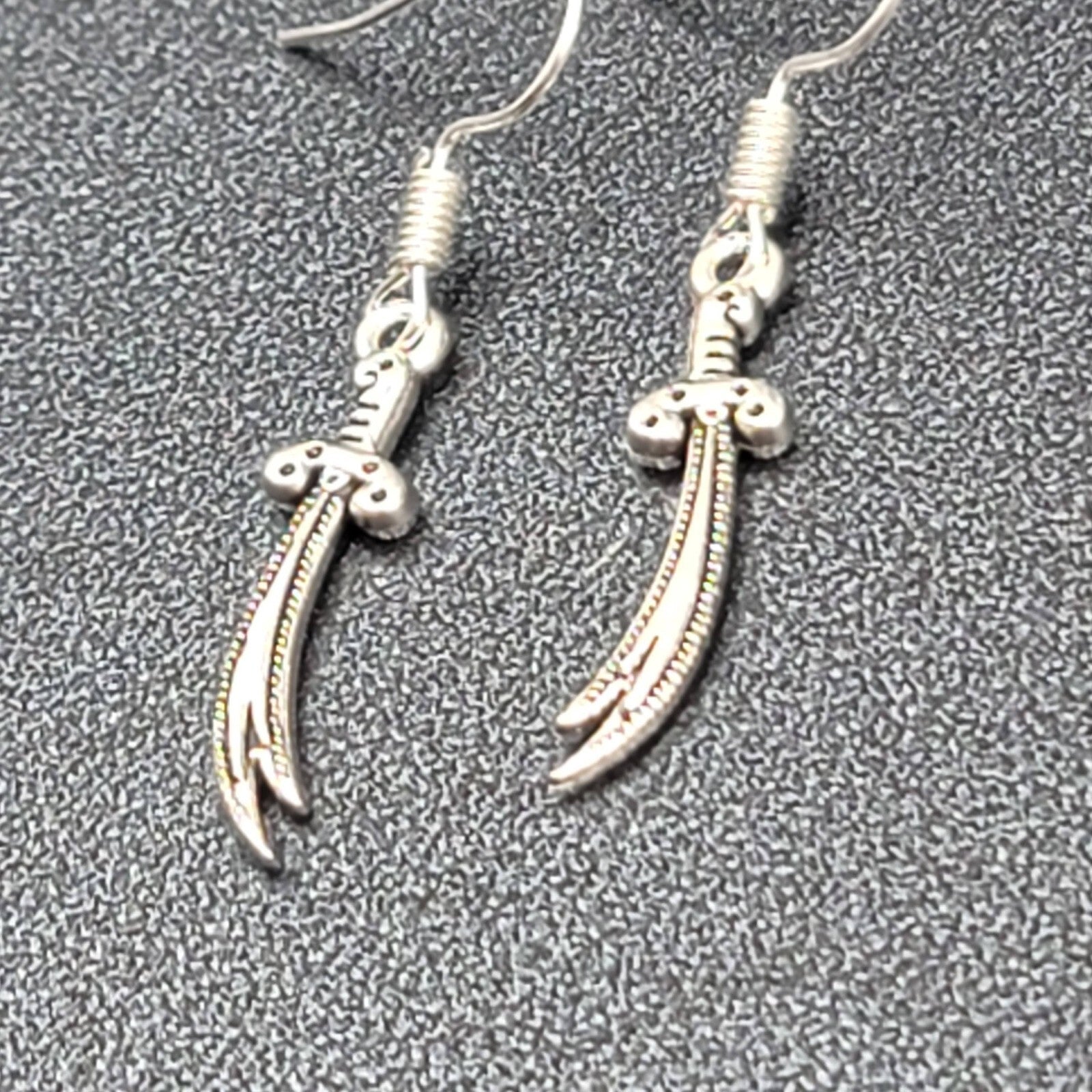 Pierced Earrings Scimitar Sword Silver tone Dangle 1"