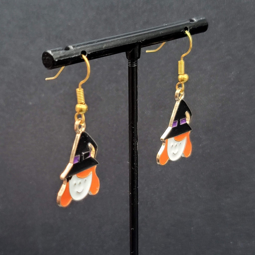 Cute Witch Halloween Pierced Earrings Gold tone Enamel Dangle 1"
