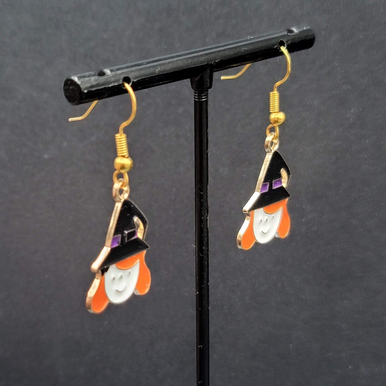 Cute Witch Halloween Pierced Earrings Gold tone Enamel Dangle 1"