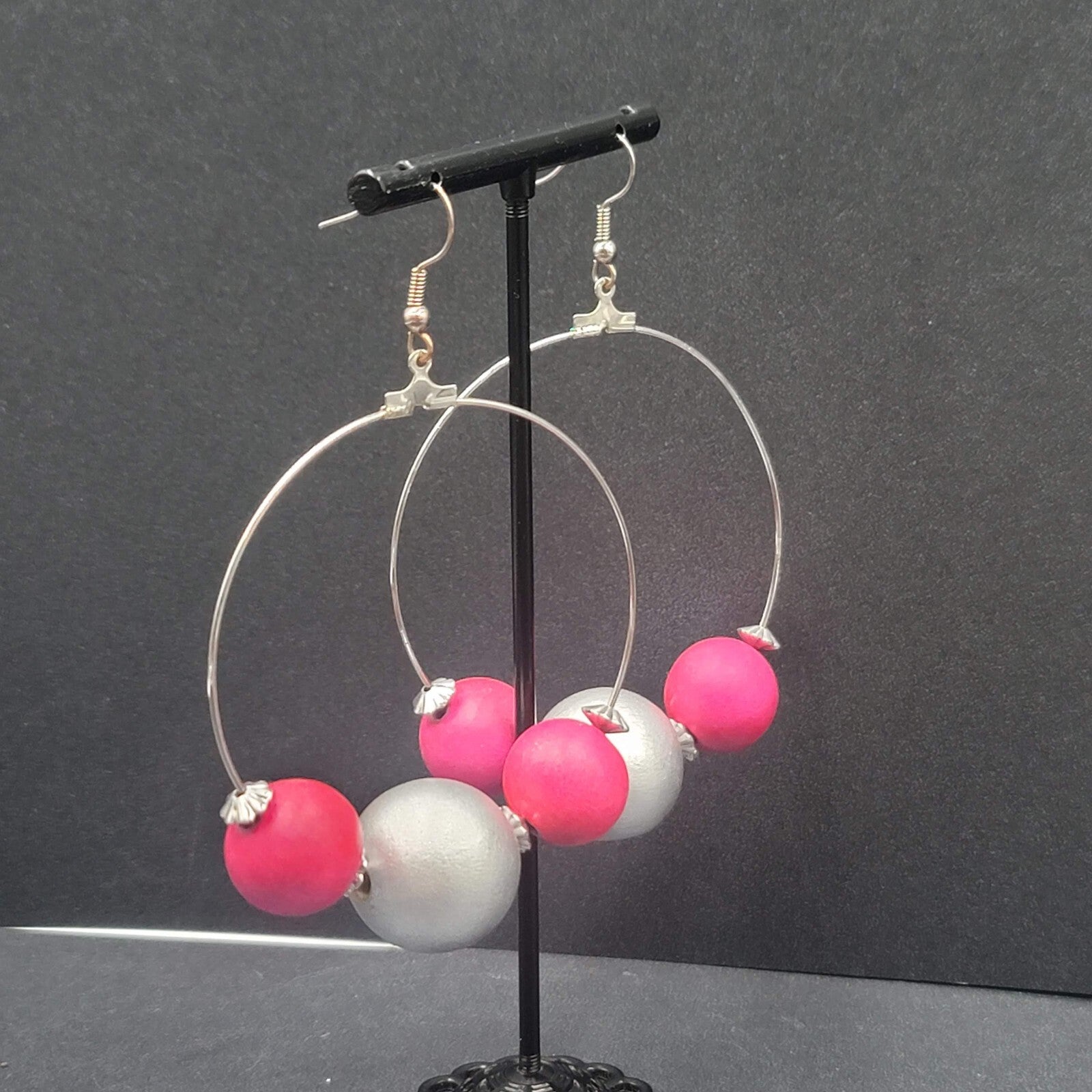 Pierced Earrings Large Silver tone Pink Silver tone Beaded Statement Hoops 2.5"