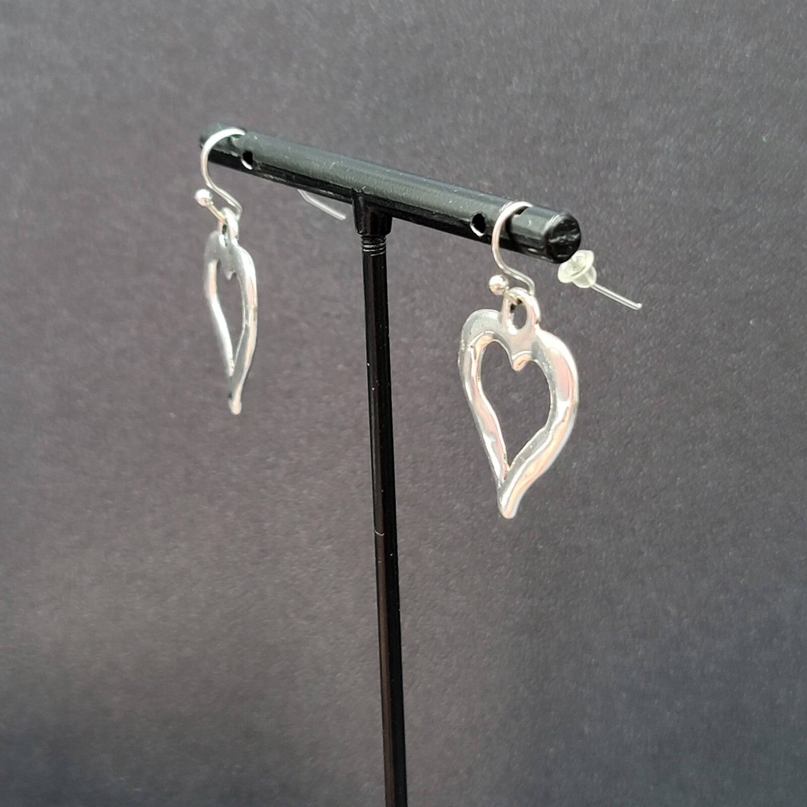 Pierced Earrings Silver tone Open Heart Dangle 1"
