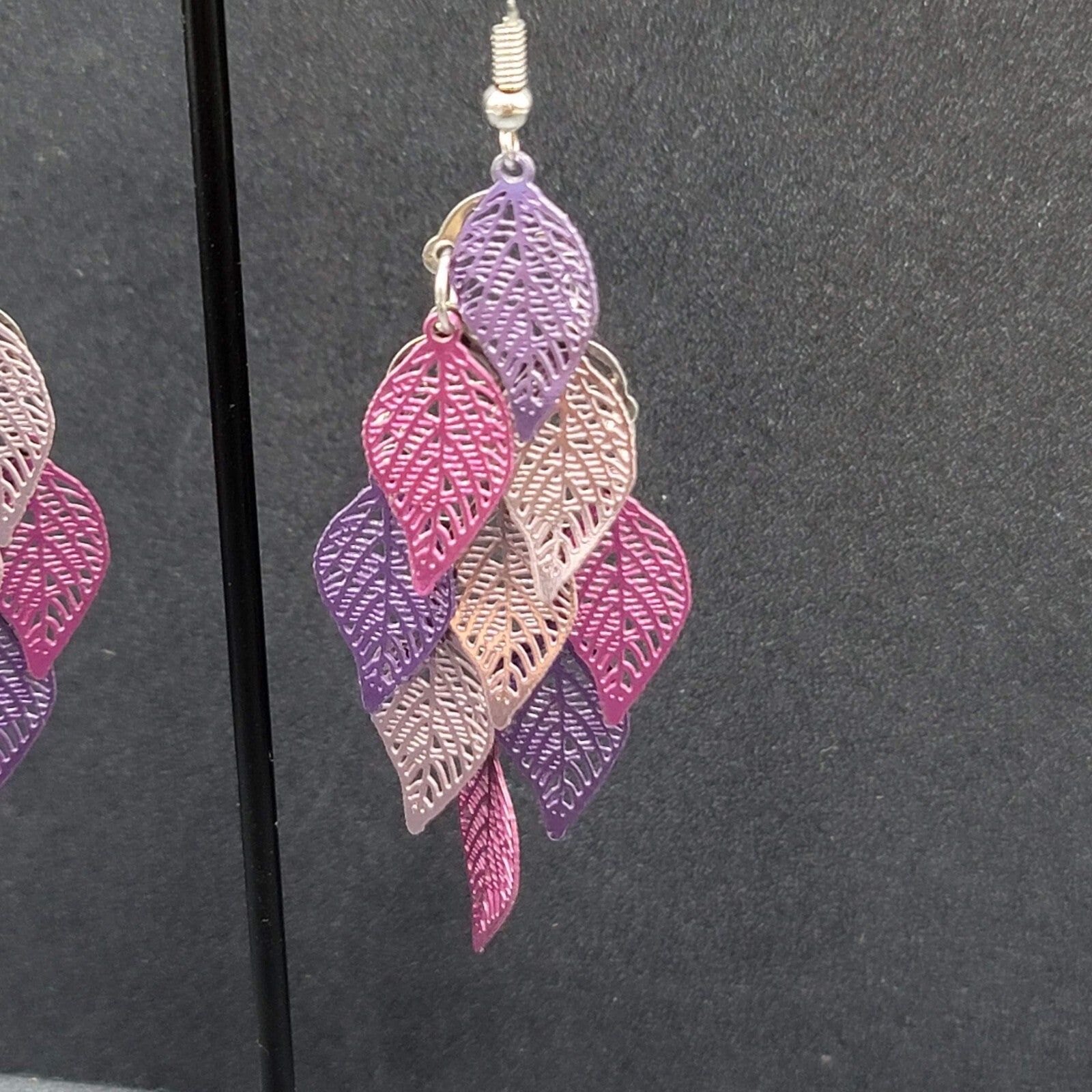 Pierced Earrings Purple Metal Laser Cut Chandelier Dangle 2.5"