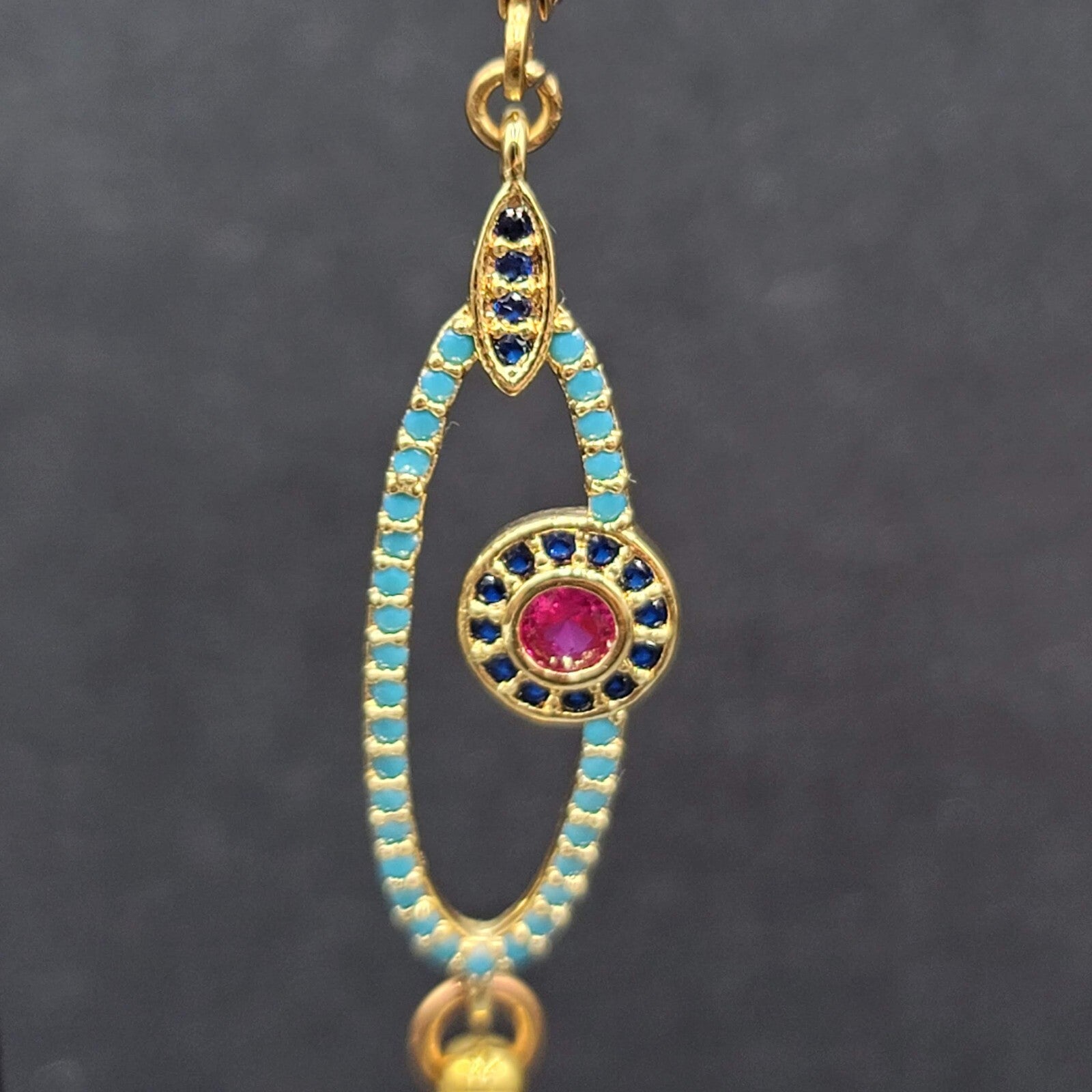 Pierced Earrings Gold tone Blue Pink Crystals Evil Eye Dangle 1 5/8"