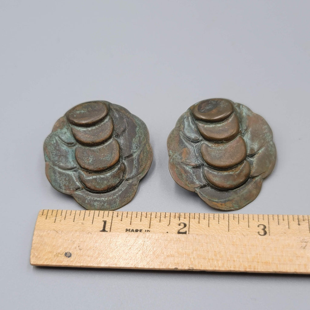 Vintage Artisan Pierced Earrings Patina Embossed Metal Large Statement 1.5"