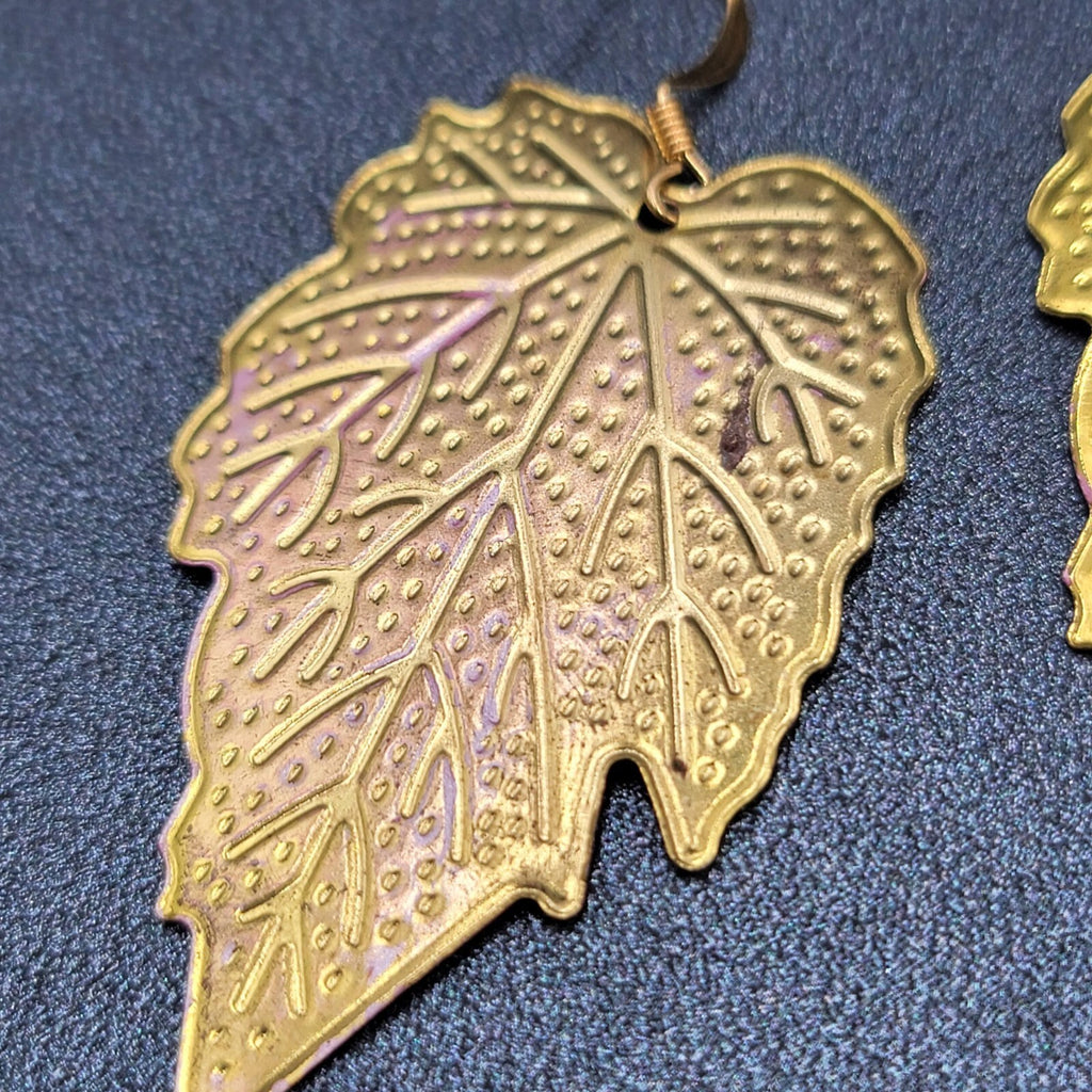 Pierced Earrings Gold tone Pink Enamel Large Statement Dangle Leaves Lightweight