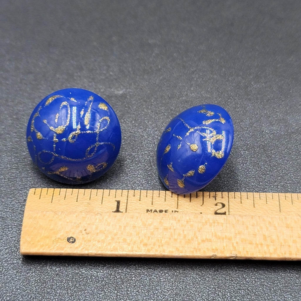 Vintage Pierced Earrings Blue Dome Studs Gold Glitter Paint 1"