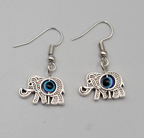 Elephant Evil Eye Pierced Earrings Silver tone Blue Bead Dangle 5/8"