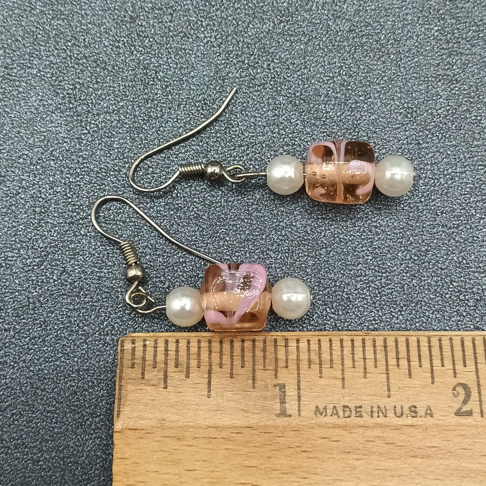 Pierced Earrings Silver tone Pink Art Glass Faux Pearl Asymmetrical Dangle 1"