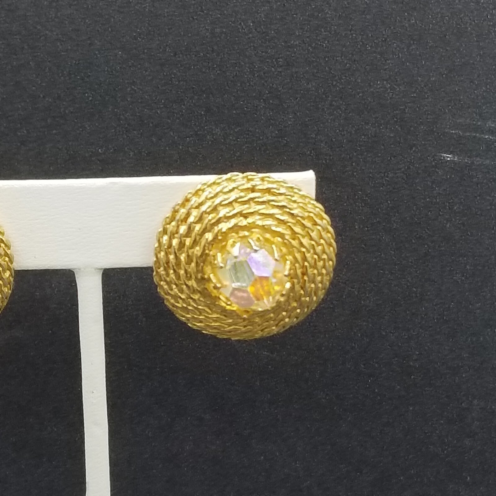 Vintage Clip On Earrings Gold tone Rhinestone Rope Stud 1 1/8"