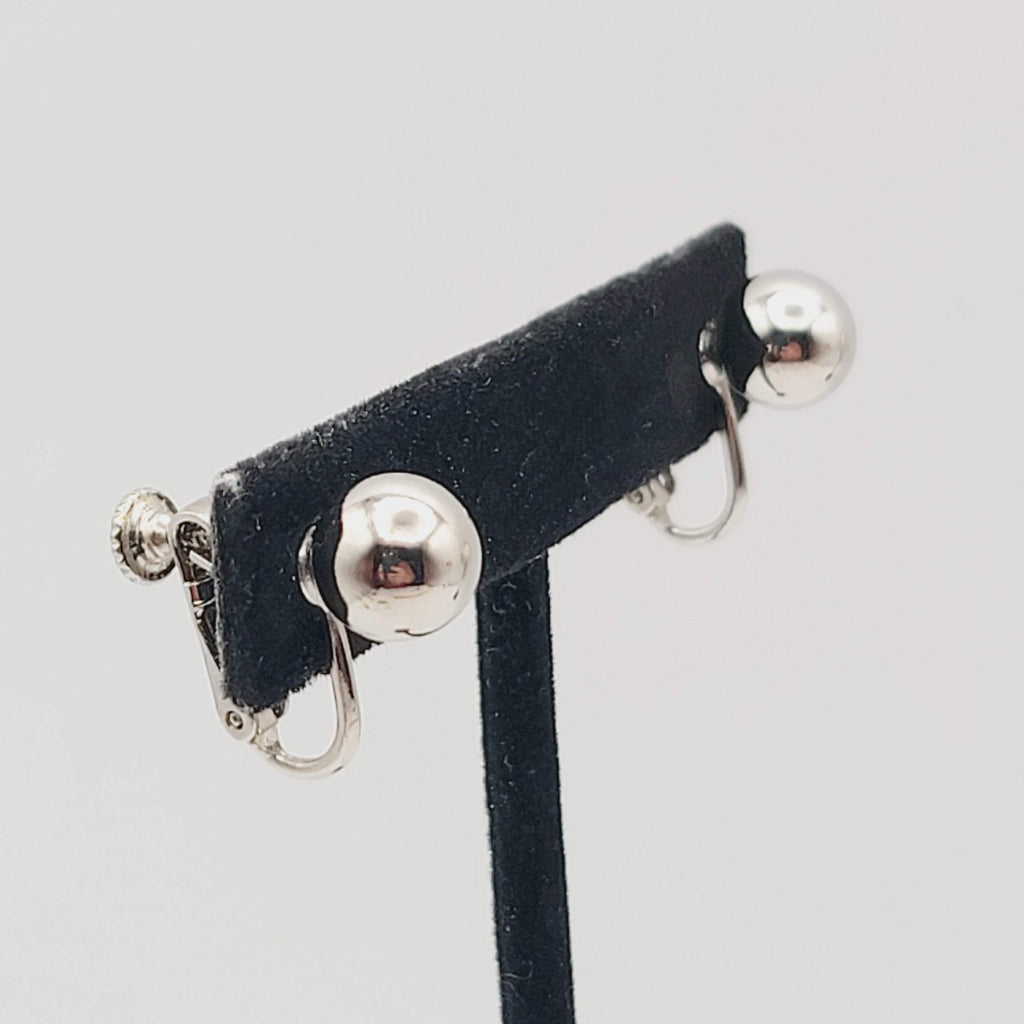 Vintage Ball Stud Clip on Earrings Silver Plated 3/8 in