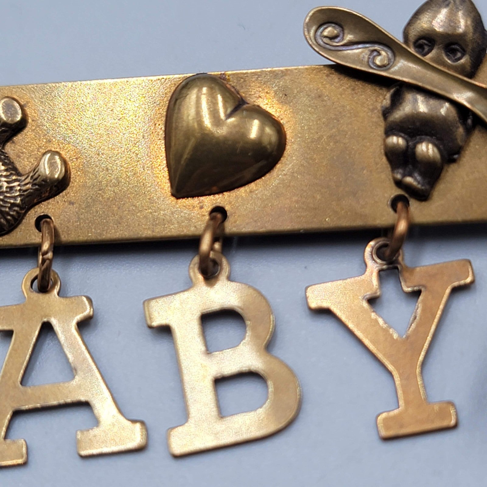 Jan Michaels San Francisco Brooch BABY Charm Dangle Brass 2.25"