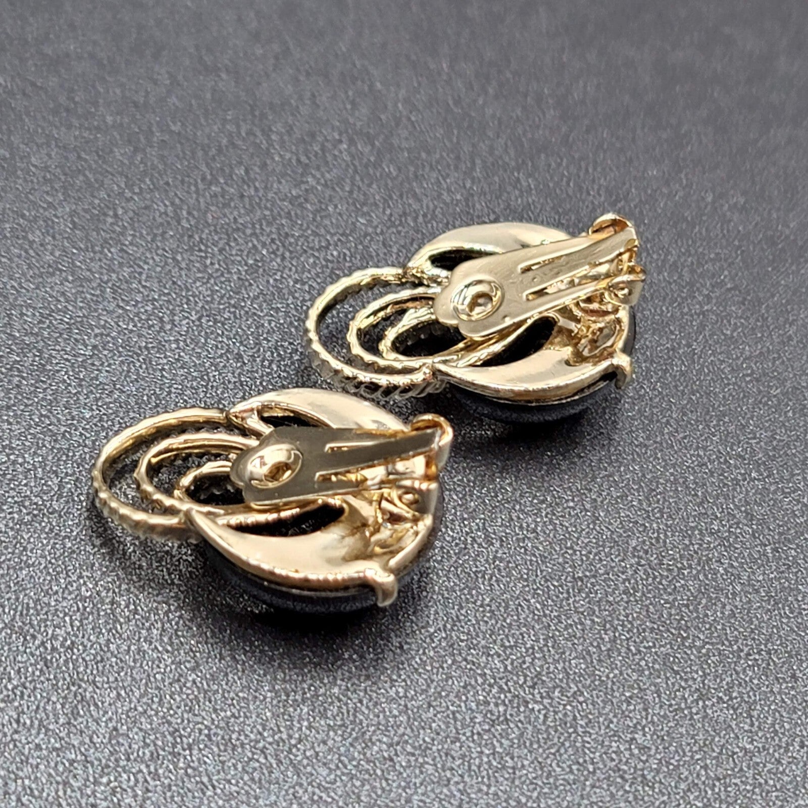 Clip on Earrings Silver tone Black Acrylic Climber MCM 1.25"