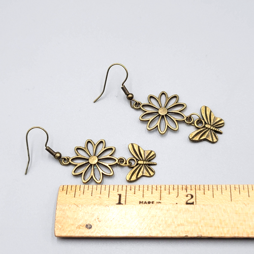 Butterly Flower Pierced Earrings Bronze tone Dangle NEW 1.5"