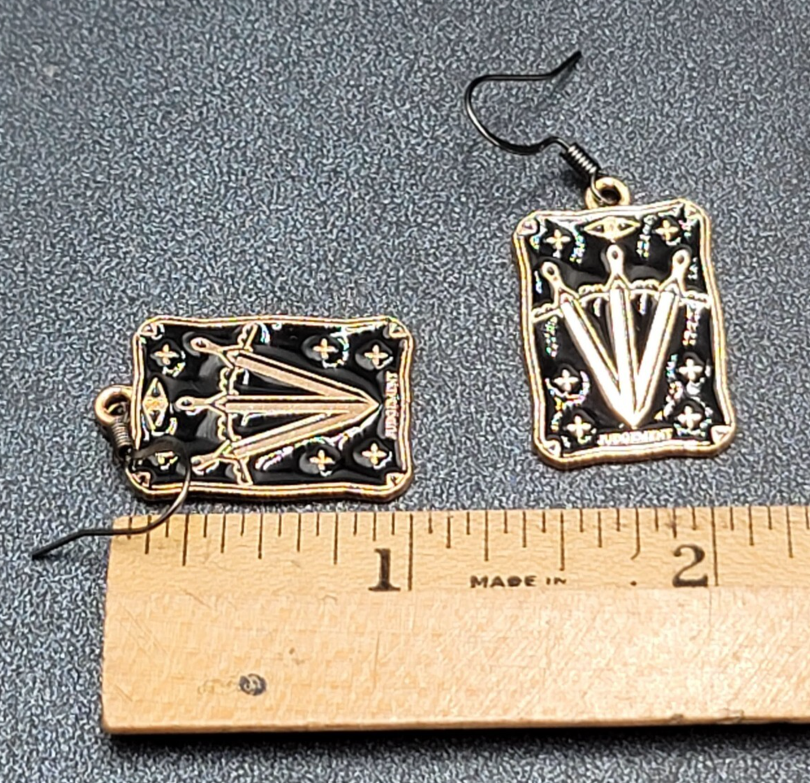 Tarot Card Pierced Earrings JUDGEMENT 3 Swords Gold tone Black 1"