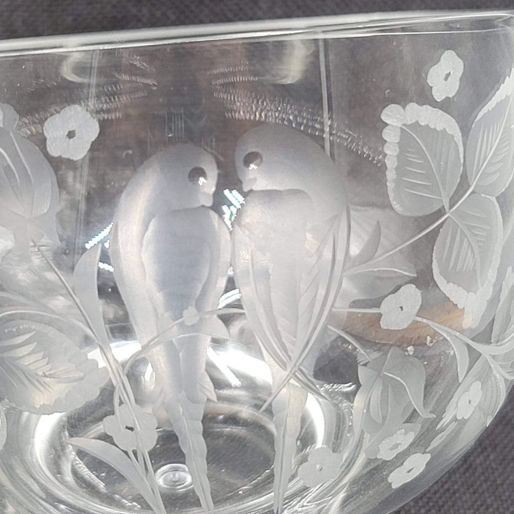 Wendell August Forge Hand Etched Bird Angled Snifter Glass Signed D.King